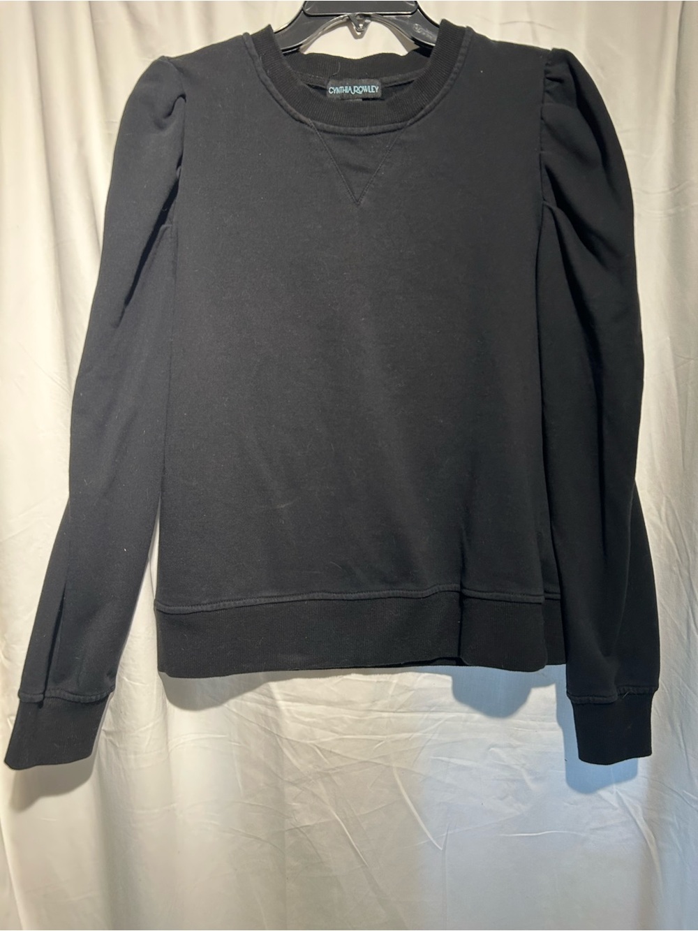 Cynthia Rowley Black Puff Sleeve Sweatshirt Size M Pleated Shoulder Crewneck